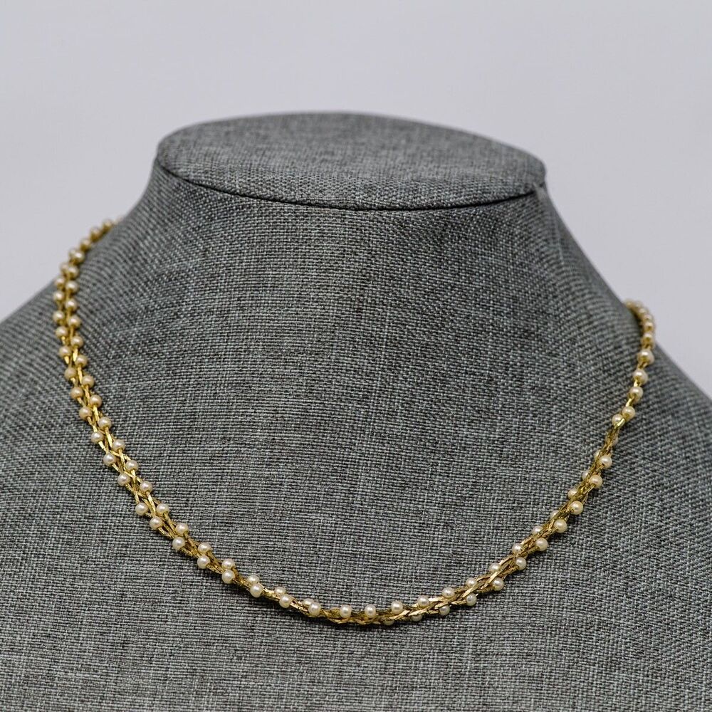 Citation Seed Faux Pearl Braided Chain Gold Necklace MCM Vintage